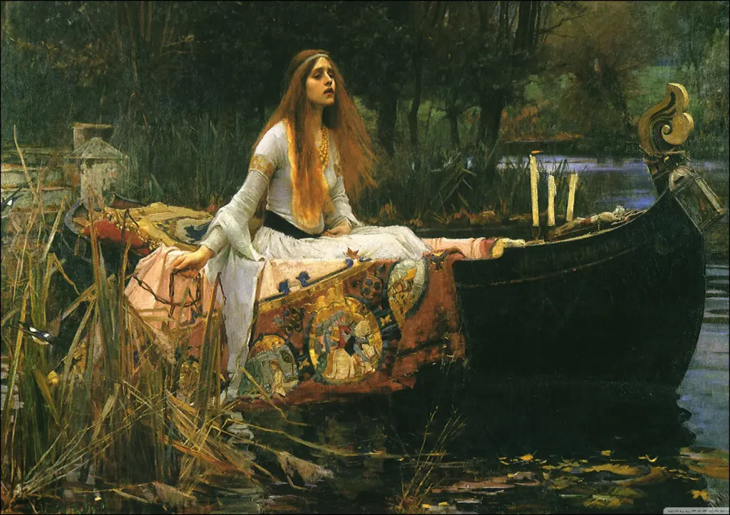 The Lady of Shallot, by John William Waterhouse, depicting the moment in which she must choose between staying on her island and living in misery, or letting and meeting death for the sake of love.